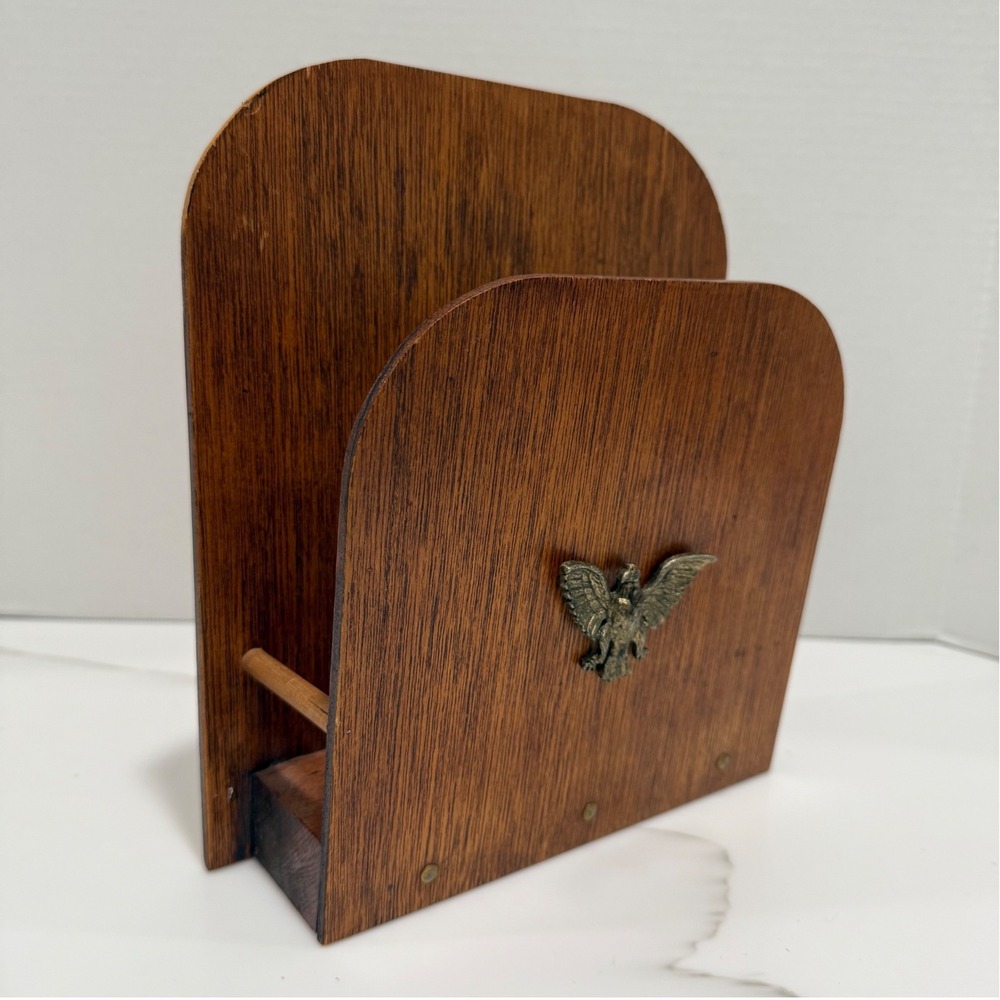 Vintage Wooden Letter Holder Brass Toned Eagle Desk Organizer 1 Slot Americana